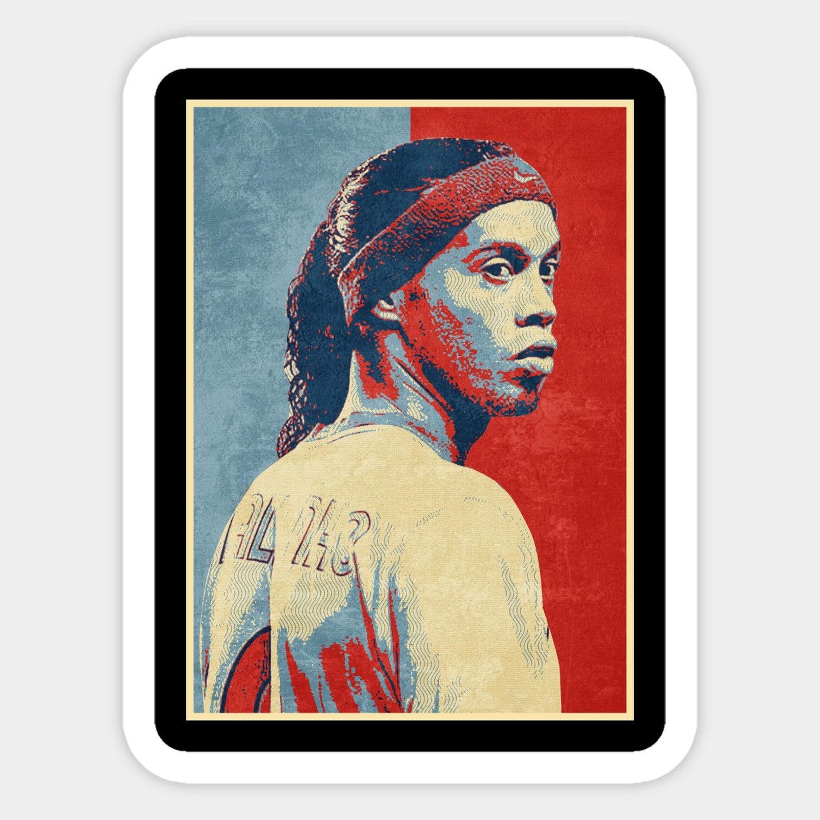 painting of a man with long hair and braids on his head, wearing a baseball uniform